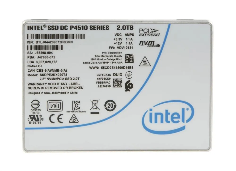 SSDPE2KX020T8 - Intel DC P4510 2TB Triple-Level Cell PCI Express 2.5-inch Solid State Drive for R1208WFTYS Server