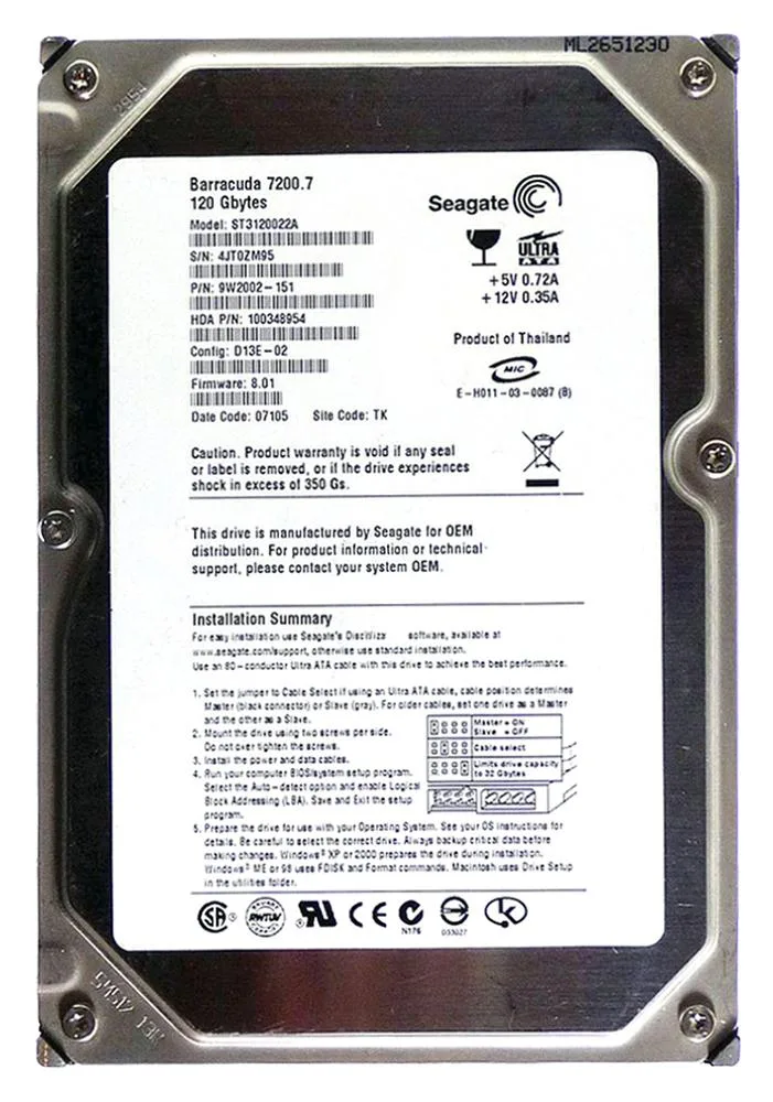 ST3120022A - Seagate BarraCuda 120GB 7200RPM EIDE 2MB Cache 3.5-inch Hard Drive