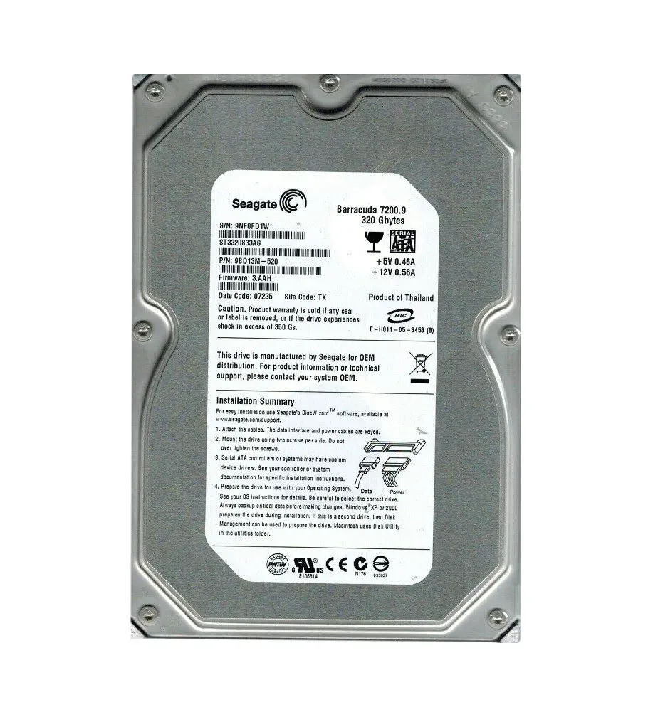 ST3320833AS - Seagate BarraCuda 7200.9 320GB 7200RPM SATA 3Gb/s 8MB Cache 3.5-inch Hard Drive