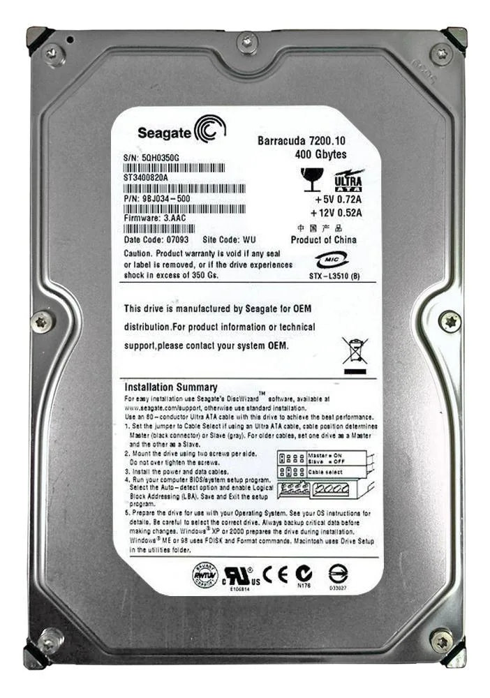ST3400820A - Seagate 400GB 7200RPM ATA-100 3.5-inch Hard Drive