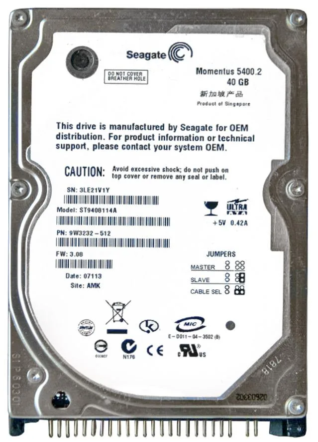 ST9408114A - Seagate Momentus 40GB 5400RPM ATA-100 8MB Cache 2.5-inch Hard Drive