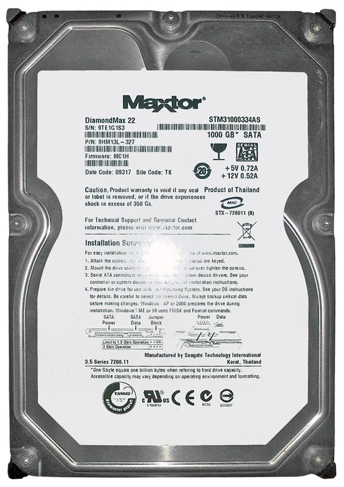 STM31000334AS - Maxtor DiamondMax 22 1TB 7200RPM SATA 3Gb/s 32MB Cache 3.5-inch Hard Drive
