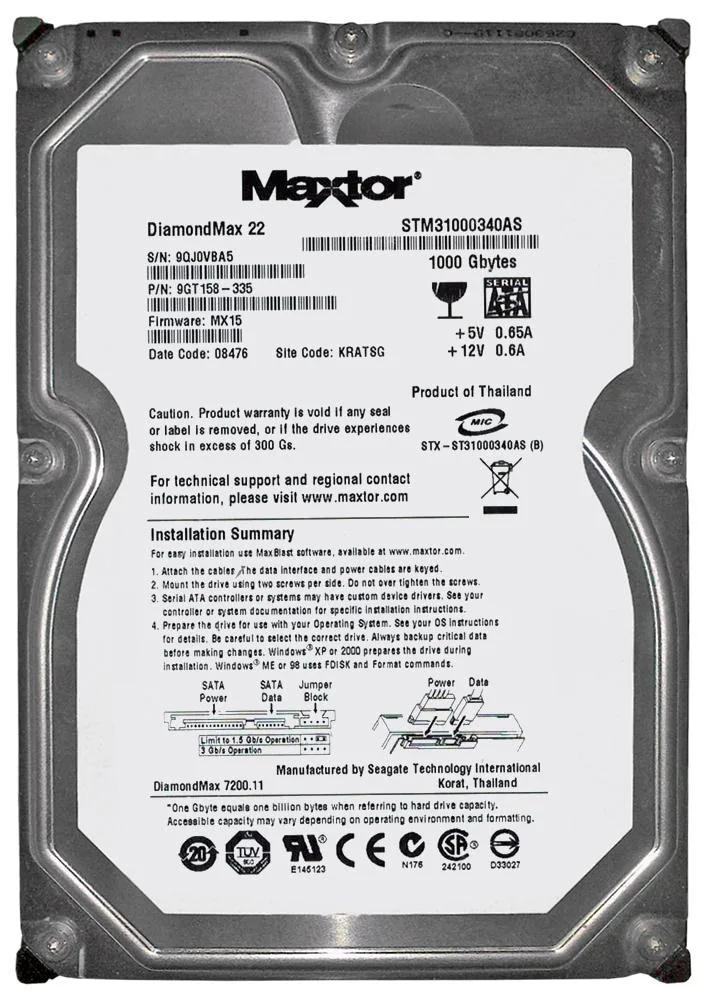 STM31000340AS - Maxtor DiamondMax 22 1TB 7200RPM SATA 3Gb/s 32MB Cache 3.5-inch Hard Drive