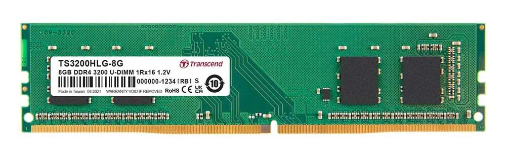 TS3200HLG-8G - Transcend 8GB DDR4-3200MHz PC4-25600 ECC Unbuffered CL22 288-Pin UDIMM 1.2V Single Rank Memory Module