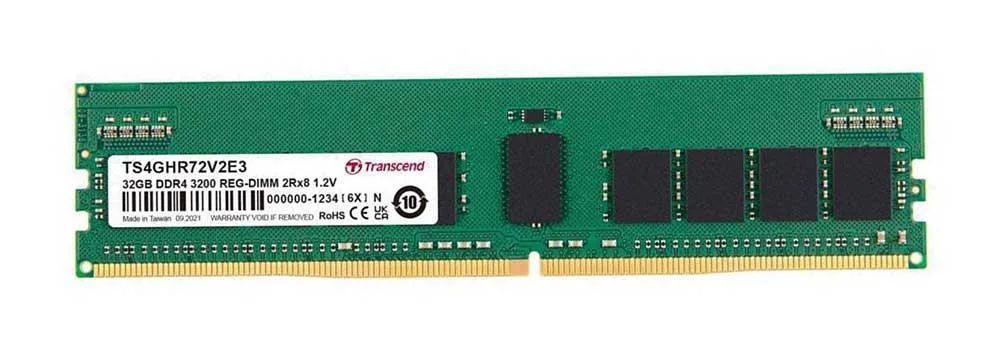 TS4GHR72V2E3 - Transcend 32GB DDR4-3200MHz PC4-25600 ECC Registered CL22 288-Pin RDIMM 1.2V Dual Rank Memory Module