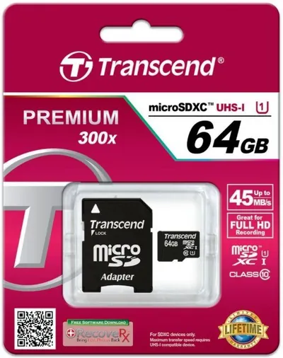 TS64GUSDU1-B2 - Transcend Premium 64GB 300x Class 10 microSDXC UHS-I Flash Memory Card