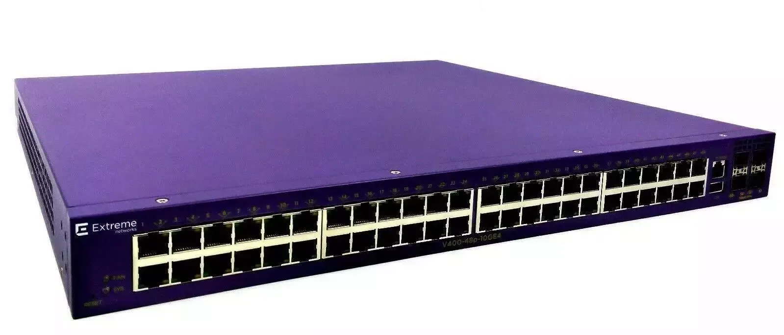 Extreme V400-48P-10GE4 Extreme Networks V400-48P-10GE4 Extreme Switching 48x1000Base-T PoE+, 4x1000/10GBaseX unpopulated SFP+ Ports, Fixed Power Supply and Fans