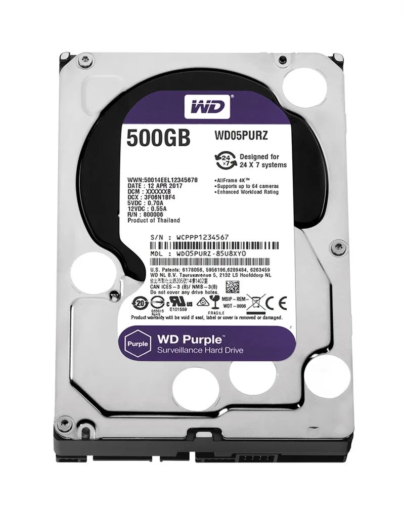 WD05PURZ-85U8XY0 - Western Digital Purple 500GB 5400RPM SATA 6Gb/s 64MB Cache 3.5-inch Surveillance Hard Drive