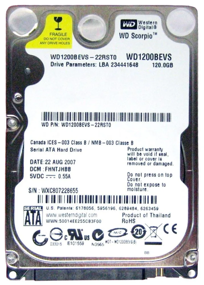WD1200BEVS-00LA - Western Digital Scorpio 120GB 5400RPM SATA 1.5Gb/s 8MB Cache 2.5-inch Hard Drive