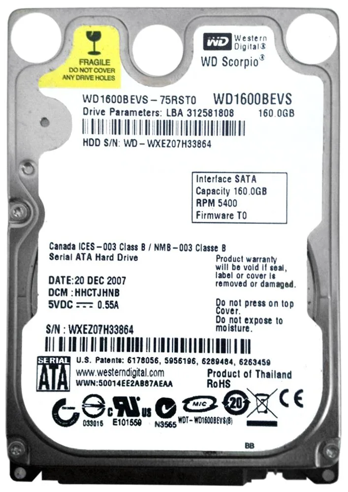 WD1600BEVS-75RST0 - Western Digital Scorpio Blue 160GB 5400RPM SATA 1.5Gb/s 8MB Cache 2.5-inch Hard Drive