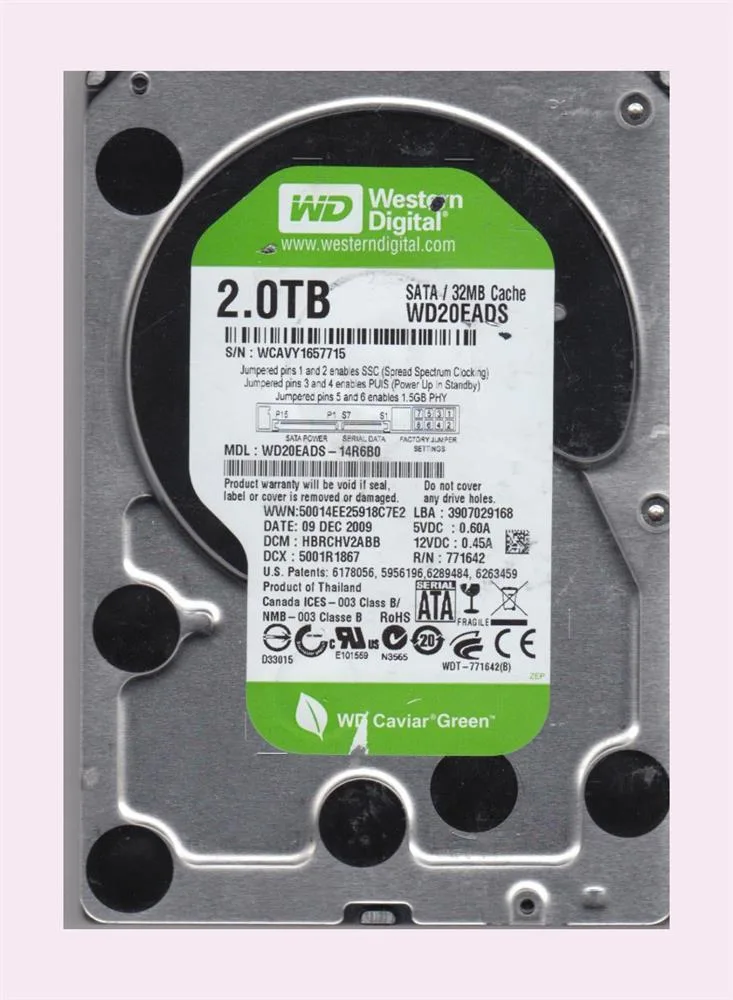 WD20EADS-14R6B0 - Western Digital Caviar Green 2TB 5400RPM SATA 3Gb/s 32MB Cache 3.5-inch Hard Drive