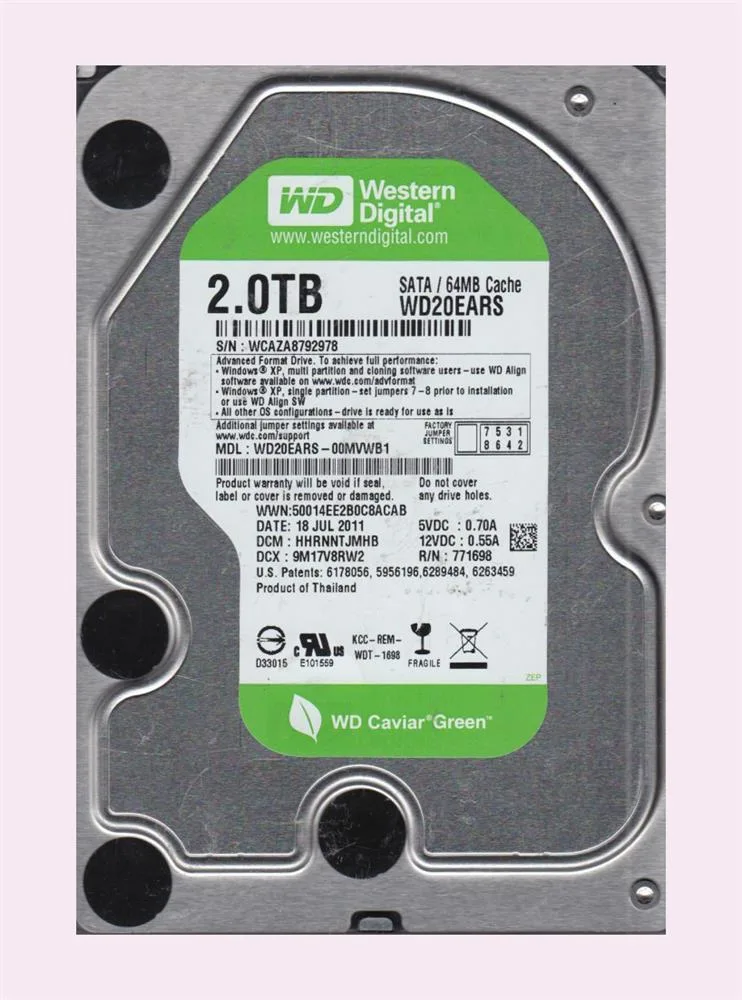 WD20EARS-00MVWB1 - Western Digital Caviar Green 2TB 5400RPM SATA 3Gb/s 64MB Cache 3.5-inch Hard Drive