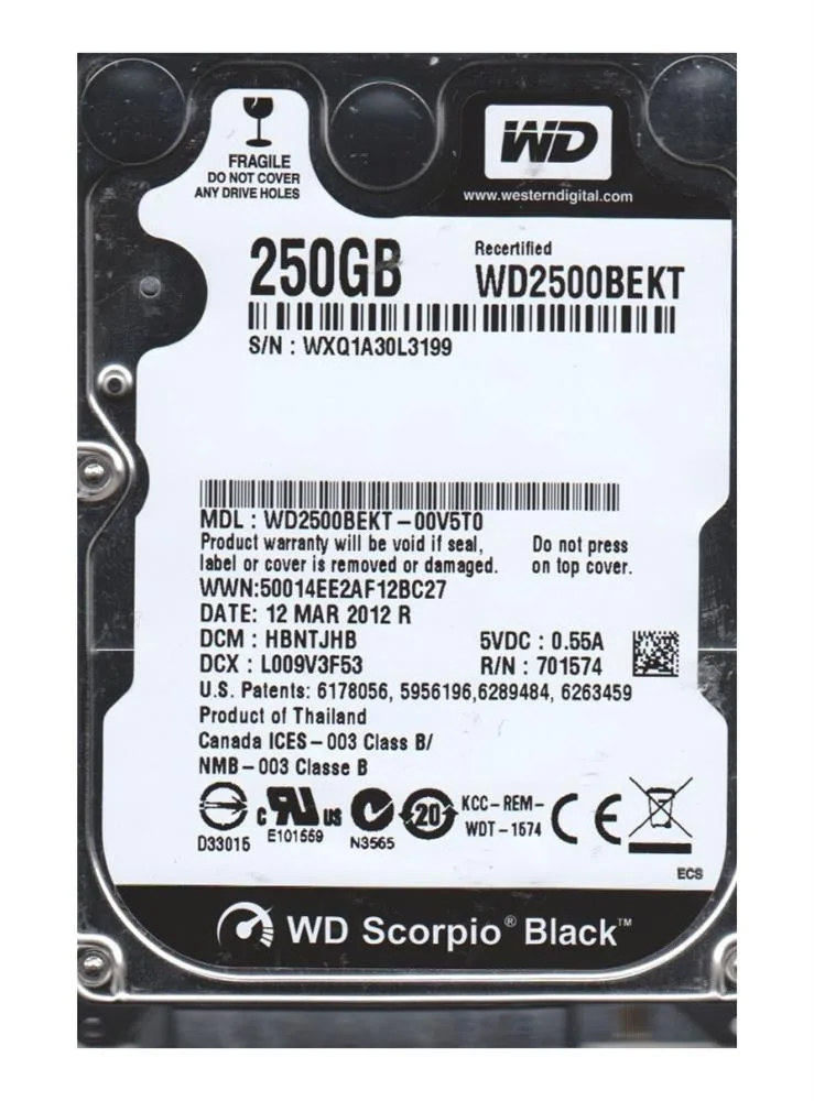 WD2500BEKT-00V5T0 - Western Digital Scorpio Black 250GB 7200RPM SATA 3Gb/s 16MB Cache 2.5-inch Hard Drive