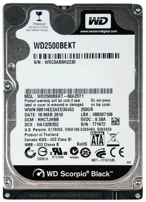 WD2500BEKT-60A25T1 - Western Digital Scorpio Black 250GB 7200RPM SATA 3Gb/s 16MB Cache 2.5-inch Hard Drive