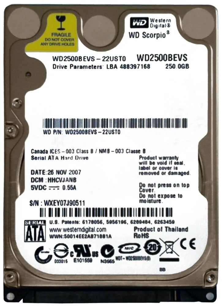 WD2500BEVS-22UST0 - Western Digital Scorpio Blue 250GB 5400RPM SATA 1.5Gb/s 8MB Cache 2.5-inch Hard Drive