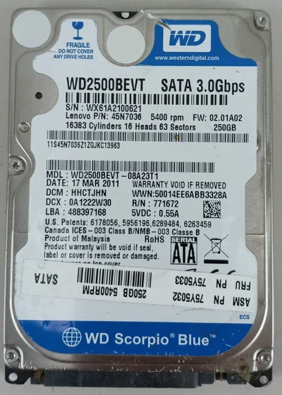 WD2500BEVT-75A23T0 - Western Digital Scorpio Blue 250GB 5400RPM SATA 3Gb/s 8MB Cache 2.5-inch Hard Drive