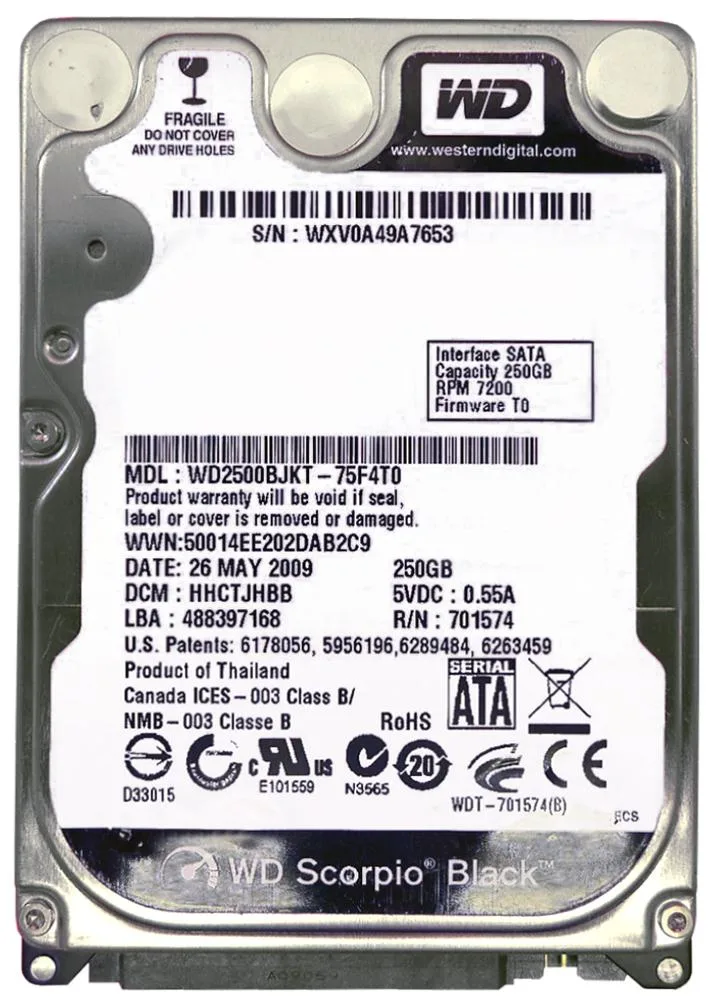 WD2500BJKT-75F4T0 - Western Digital Scorpio Black 250GB 7200RPM SATA 3Gb/s 16MB Cache 2.5-inch Hard Drive