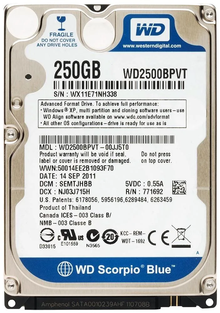 WD2500BPVT-00JJ5T0 - Western Digital Scorpio Blue 250GB 5400RPM SATA 3Gb/s 8MB Cache 2.5-inch Hard Drive