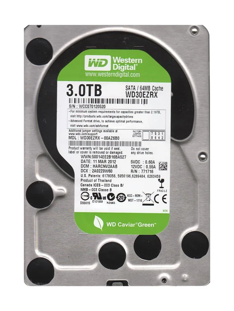 WD30EZRX-00AZ6B0 - Western Digital Green 3TB 5400RPM SATA 6Gb/s 64MB Cache 3.5-inch Hard Drive