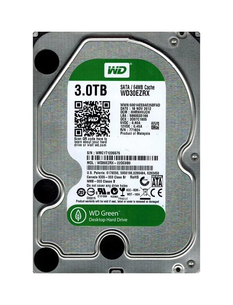 WD30EZRX-22DC0B0 - Western Digital Green 3TB 5400RPM SATA 6Gb/s 64MB Cache 3.5-inch Hard Drive