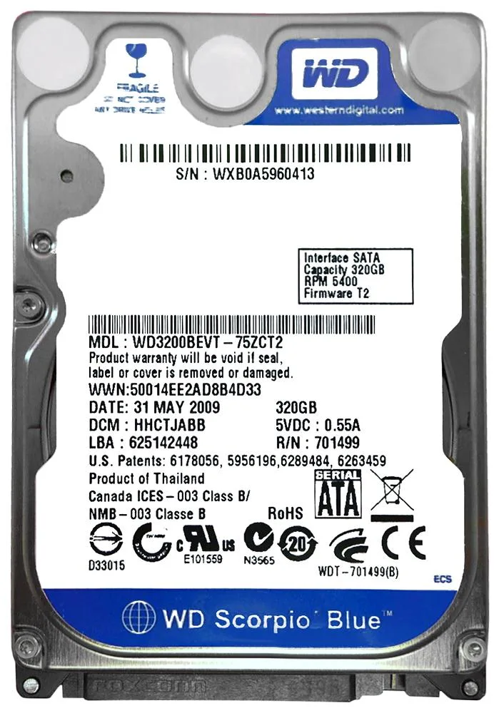 WD3200BEVT-75ZCT2 - Western Digital Scorpio Blue 320GB 5400RPM SATA 3Gb/s 8MB Cache 2.5-inch Hard Drive