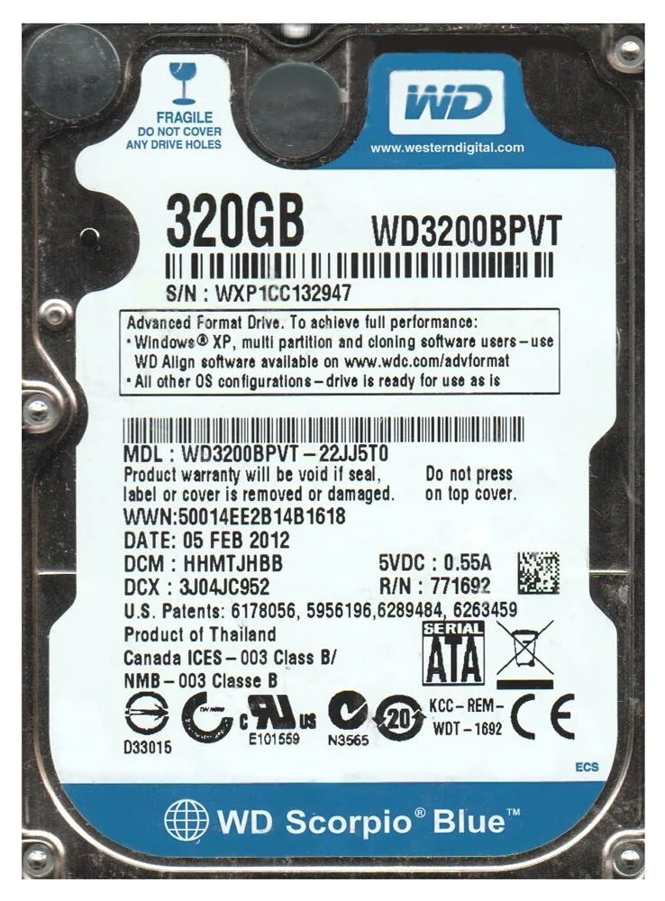 WD3200BPVT-22JJ5T0 - Western Digital Scorpio Blue 320GB 5400RPM SATA 3Gb/s 8MB Cache 2.5-inch Hard Drive