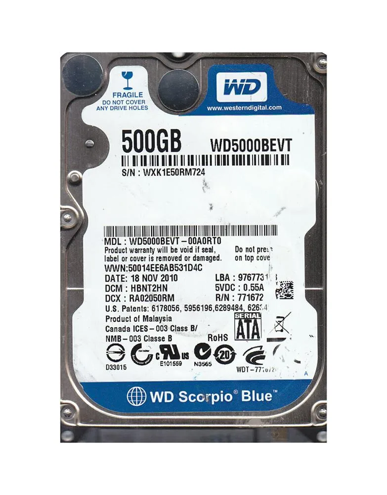 WD5000BEVT-00A0RT0 - Western Digital Scorpio Blue 500GB 5400RPM SATA 3Gb/s 8MB Cache 2.5-inch Hard Drive