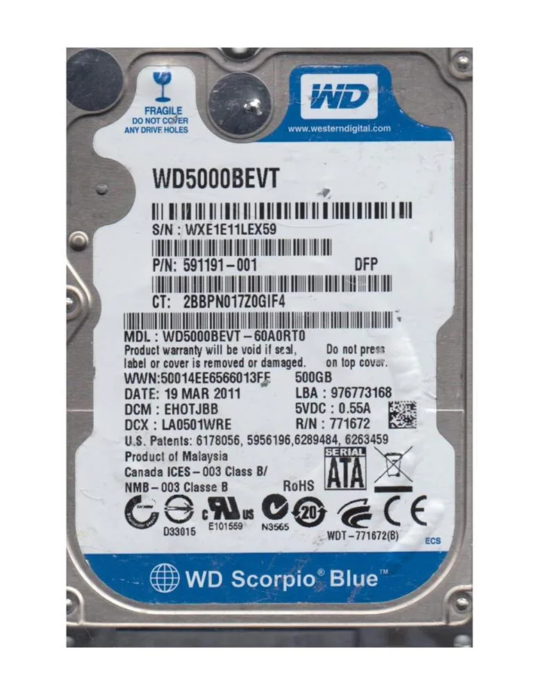 WD5000BEVT-60A0RT0 - Western Digital Scorpio Blue 500GB 5400RPM SATA 3Gb/s 8MB Cache 2.5-inch Hard Drive
