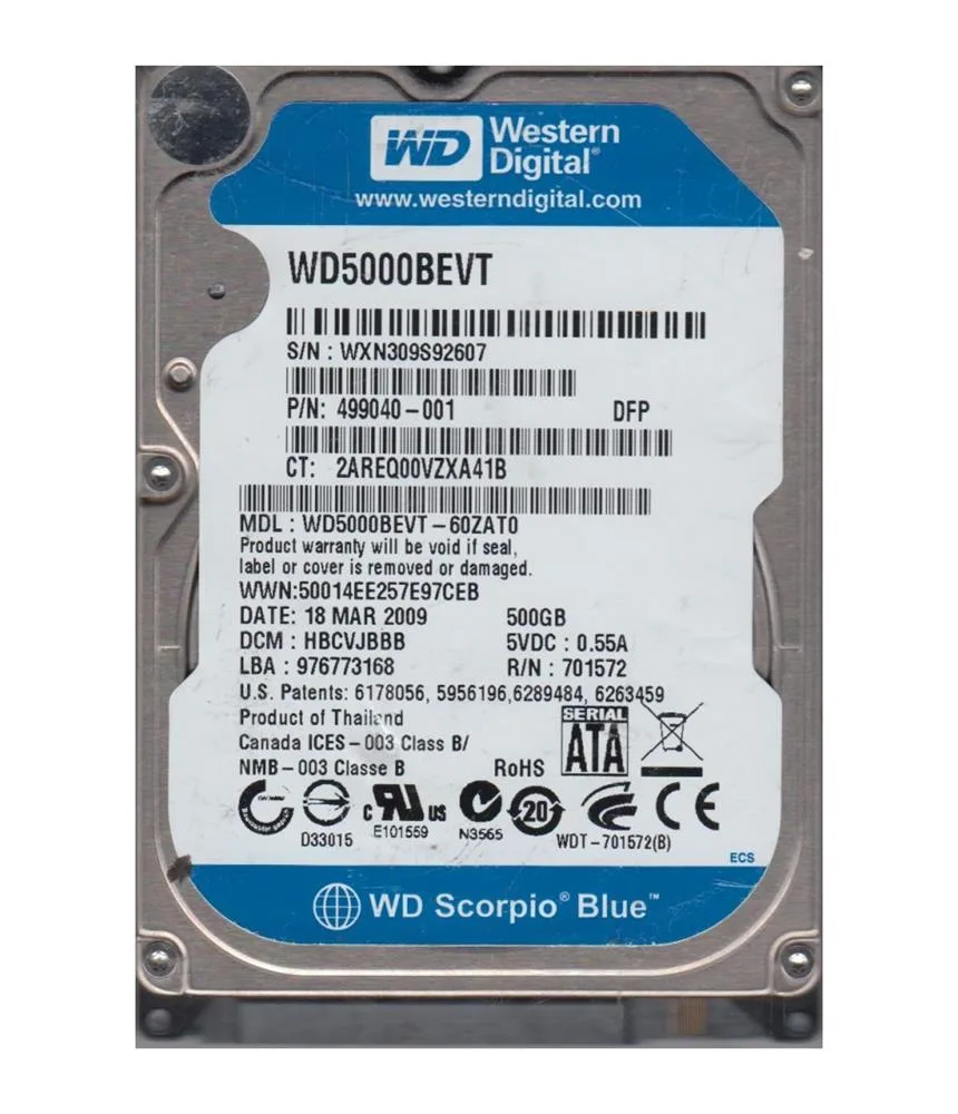 WD5000BEVT-60ZAT0 - Western Digital Scorpio Blue 500GB 5400RPM SATA 3Gb/s 8MB Cache 2.5-inch Hard Drive