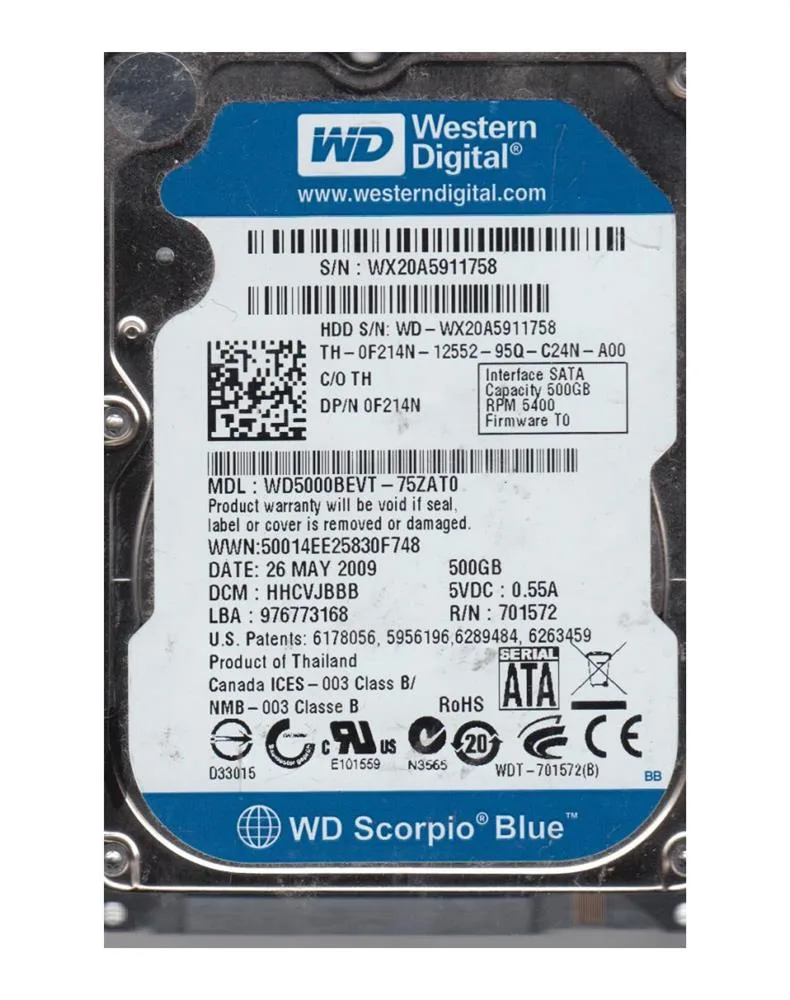WD5000BEVT-75ZAT0 - Western Digital Scorpio Blue 500GB 5400RPM SATA 3Gb/s 8MB Cache 2.5-inch Hard Drive