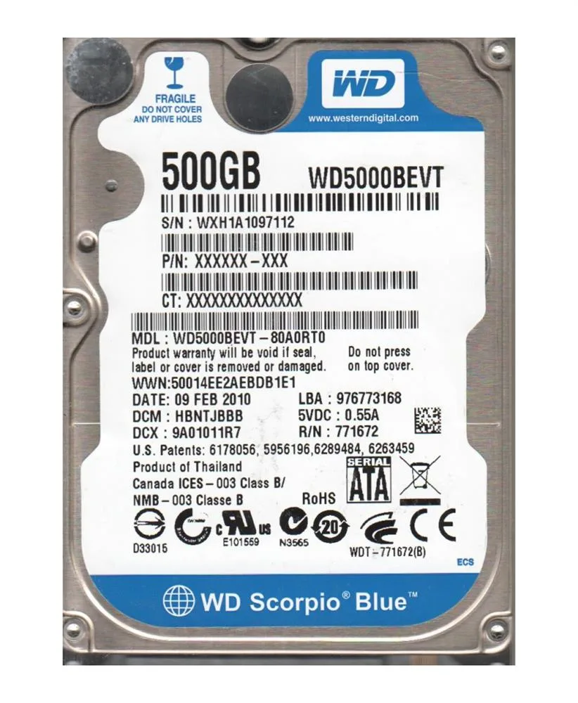 WD5000BEVT-80A0RT0 - Western Digital Scorpio Blue 500GB 5400RPM SATA 3Gb/s 8MB Cache 2.5-inch Hard Drive