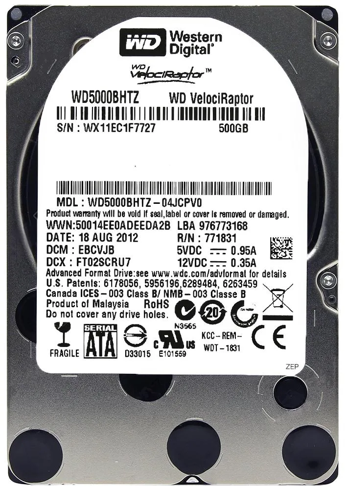 WD5000BHTZ-04JCPV0 - Western Digital VelociRaptor 500GB 10000RPM SATA 6Gb/s 64MB Cache 2.5-inch Hard Drive