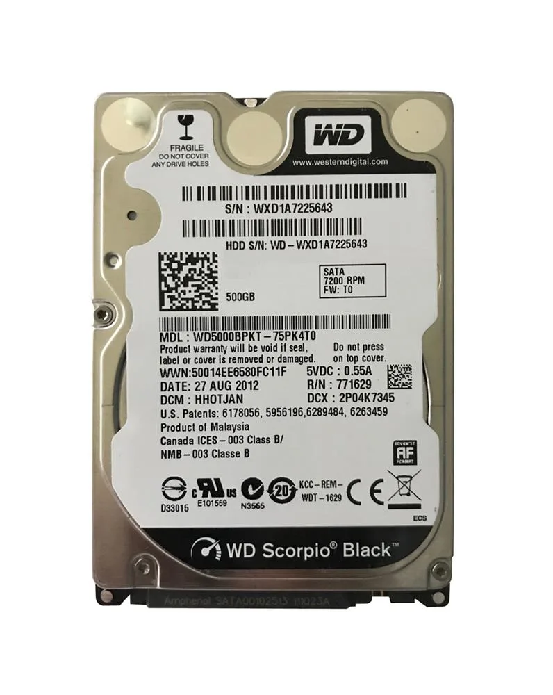 WD5000BPKT-75PK4T0 - Western Digital Scorpio Black 500GB 7200RPM SATA 3Gb/s 16MB Cache 2.5-inch Hard Drive