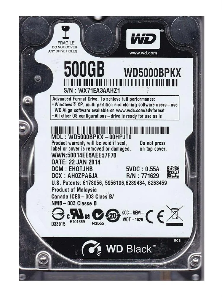 WD5000BPKX-00HPJT0 - Western Digital Black 500GB 7200RPM SATA 6Gb/s 16MB Cache 2.5-inch Hard Drive