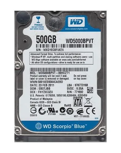 WD5000BPVT-00HXZT1 - Western Digital Scorpio Blue 500GB 5400RPM SATA 3Gb/s 8MB Cache 2.5-inch Hard Drive