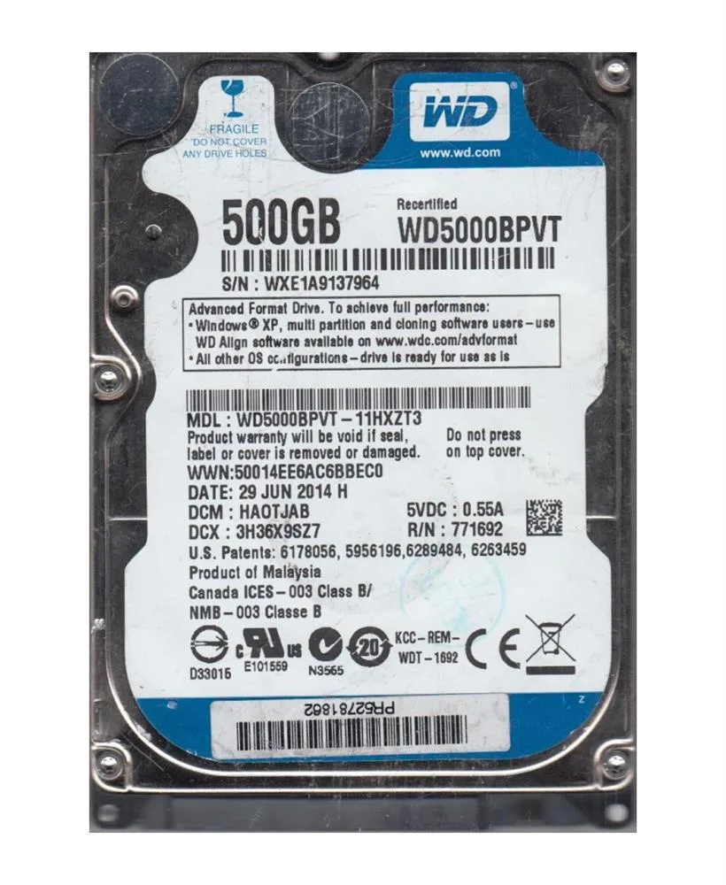 WD5000BPVT-11HXZT3 - Western Digital Scorpio Blue 500GB 5400RPM SATA 3Gb/s 8MB Cache 2.5-inch Hard Drive