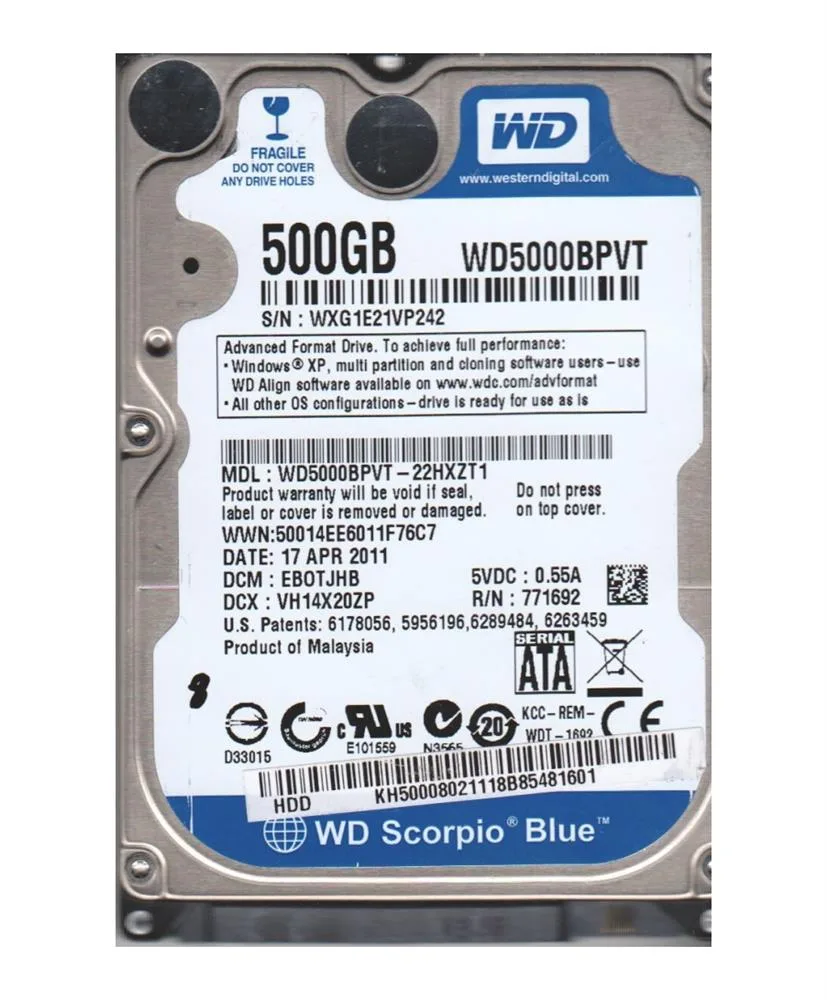 WD5000BPVT-22HXZT1 - Western Digital Scorpio Blue 500GB 5400RPM SATA 3Gb/s 8MB Cache 2.5-inch Hard Drive