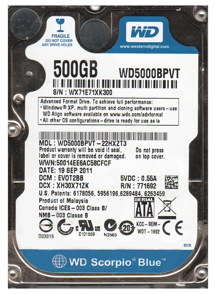 WD5000BPVT-22HXZT3 - Western Digital Scorpio Blue 500GB 5400RPM SATA 3Gb/s 8MB Cache 2.5-inch Hard Drive