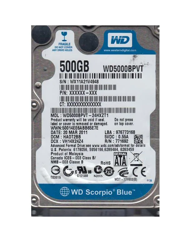 WD5000BPVT-24HXZT1 - Western Digital Scorpio Blue 500GB 5400RPM SATA 3Gb/s 8MB Cache 2.5-inch Hard Drive