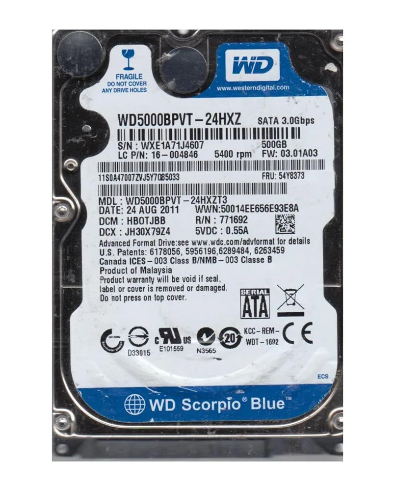 WD5000BPVT-24HXZT3 - Western Digital Scorpio Blue 500GB 5400RPM SATA 3Gb/s 8MB Cache 2.5-inch Hard Drive