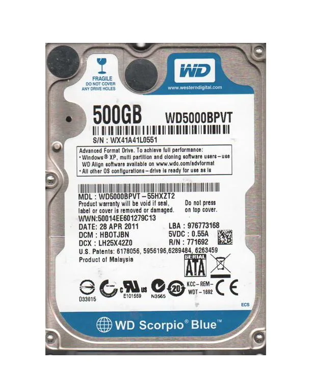 WD5000BPVT-55HXZT2 - Western Digital Scorpio Blue 500GB 5400RPM SATA 3Gb/s 8MB Cache 2.5-inch Hard Drive