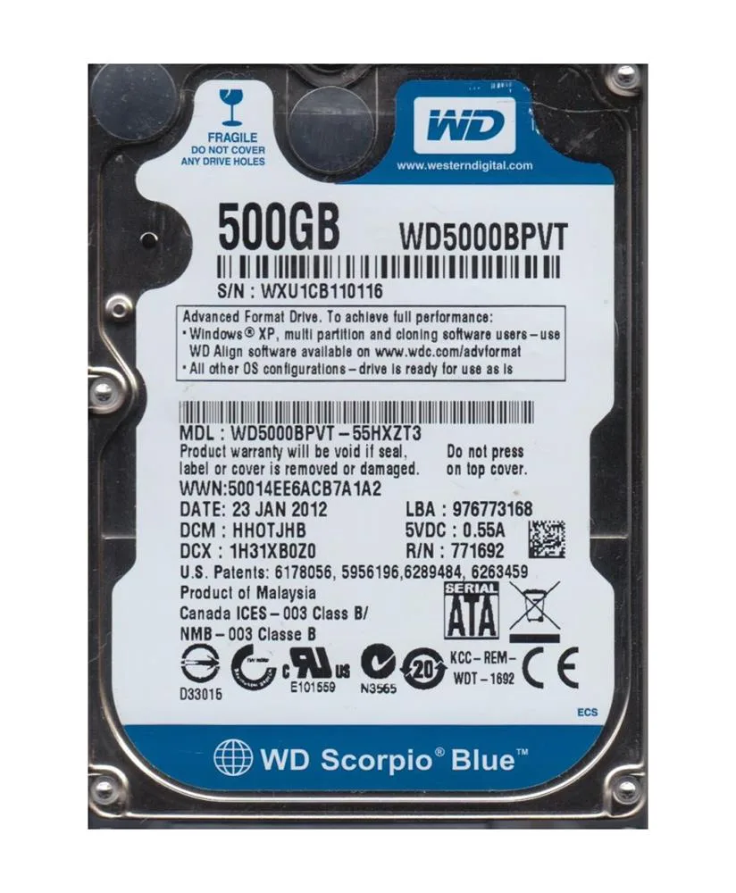 WD5000BPVT-55HXZT3 - Western Digital Scorpio Blue 500GB 5400RPM SATA 3Gb/s 8MB Cache 2.5-inch Hard Drive