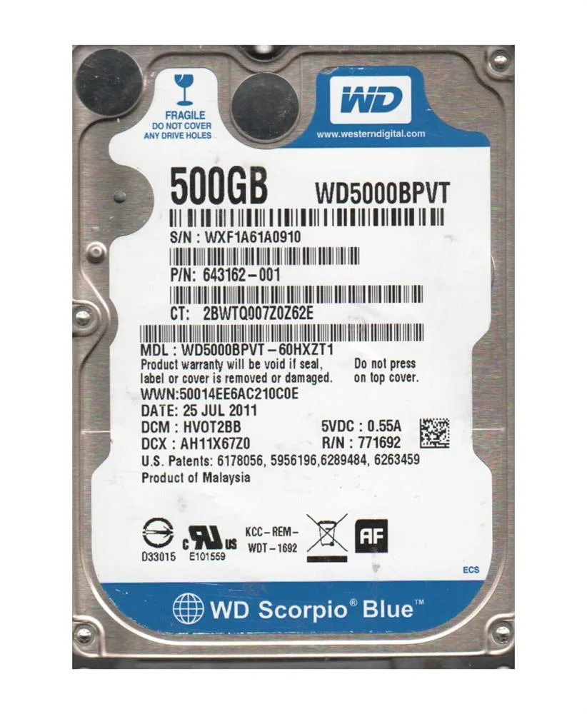 WD5000BPVT-60HXZT1 - Western Digital Scorpio Blue 500GB 5400RPM SATA 3Gb/s 8MB Cache 2.5-inch Hard Drive