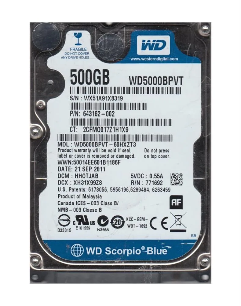 WD5000BPVT-60HXZT3 - Western Digital Scorpio Blue 500GB 5400RPM SATA 3Gb/s 8MB Cache 2.5-inch Hard Drive