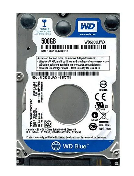 WD5000LPVX-55V0TT0 - Western Digital Blue 500GB 5400RPM SATA 6Gb/s 8MB Cache 2.5-inch Hard Drive