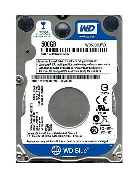 WD5000LPVX-80V0TT0 - Western Digital Blue 500GB 5400RPM SATA 6Gb/s 8MB Cache 2.5-inch Hard Drive