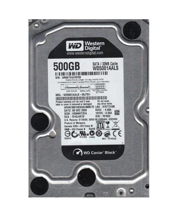 WD5001AALS-00J7B1 - Western Digital Caviar Black 500GB 7200RPM SATA 3Gb/s 7-Pin 32MB Cache 3.5-inch Hard Drive