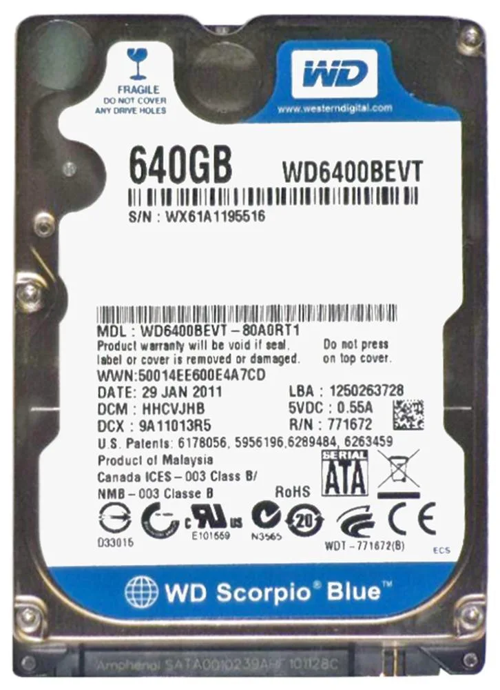 WD6400BEVT-22A0RT0 - Western Digital Scorpio Blue 640GB 5400RPM SATA 3Gb/s 8MB Cache 2.5-inch Hard Drive
