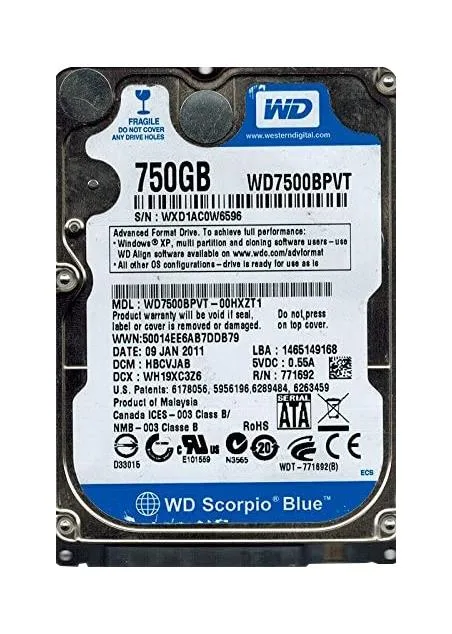 WD7500BPVT-00HXZT1 - Western Digital Scorpio Blue 750GB 5400RPM SATA 3Gb/s 8MB Cache 2.5-inch Hard Drive