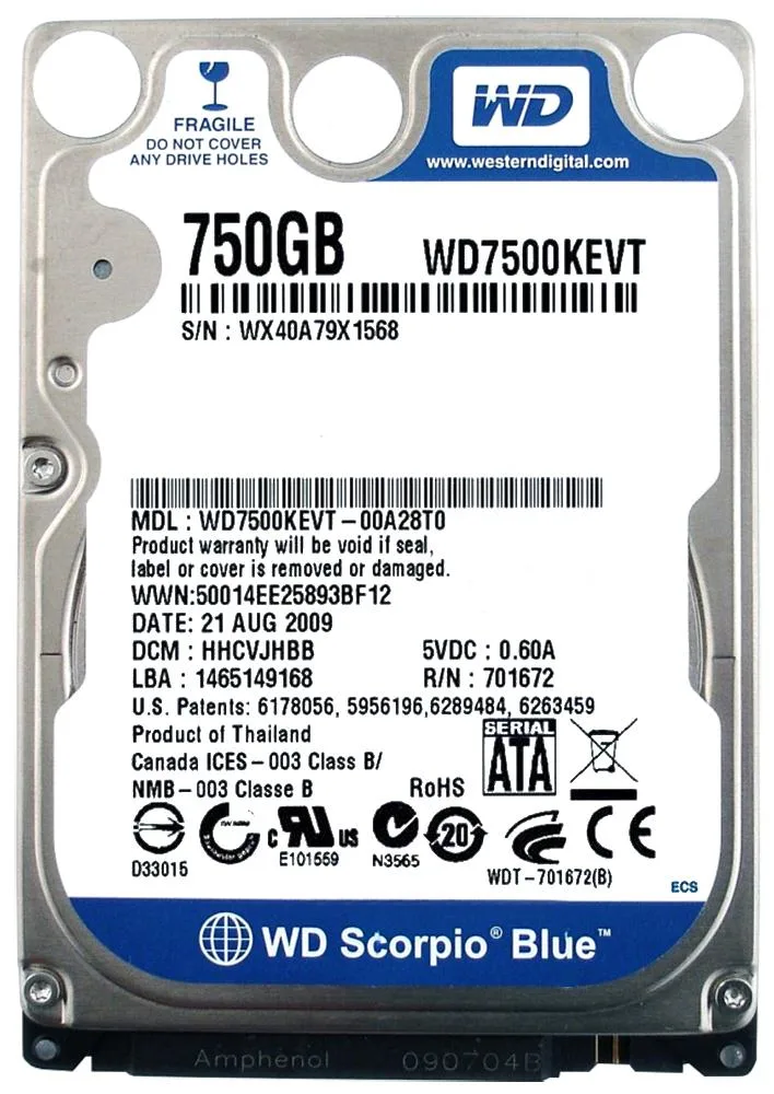 WD7500KEVT-00A28T0 - Western Digital Scorpio Blue 750GB 5200RPM SATA 3Gb/s 8MB Cache 2.5-inch Hard Drive